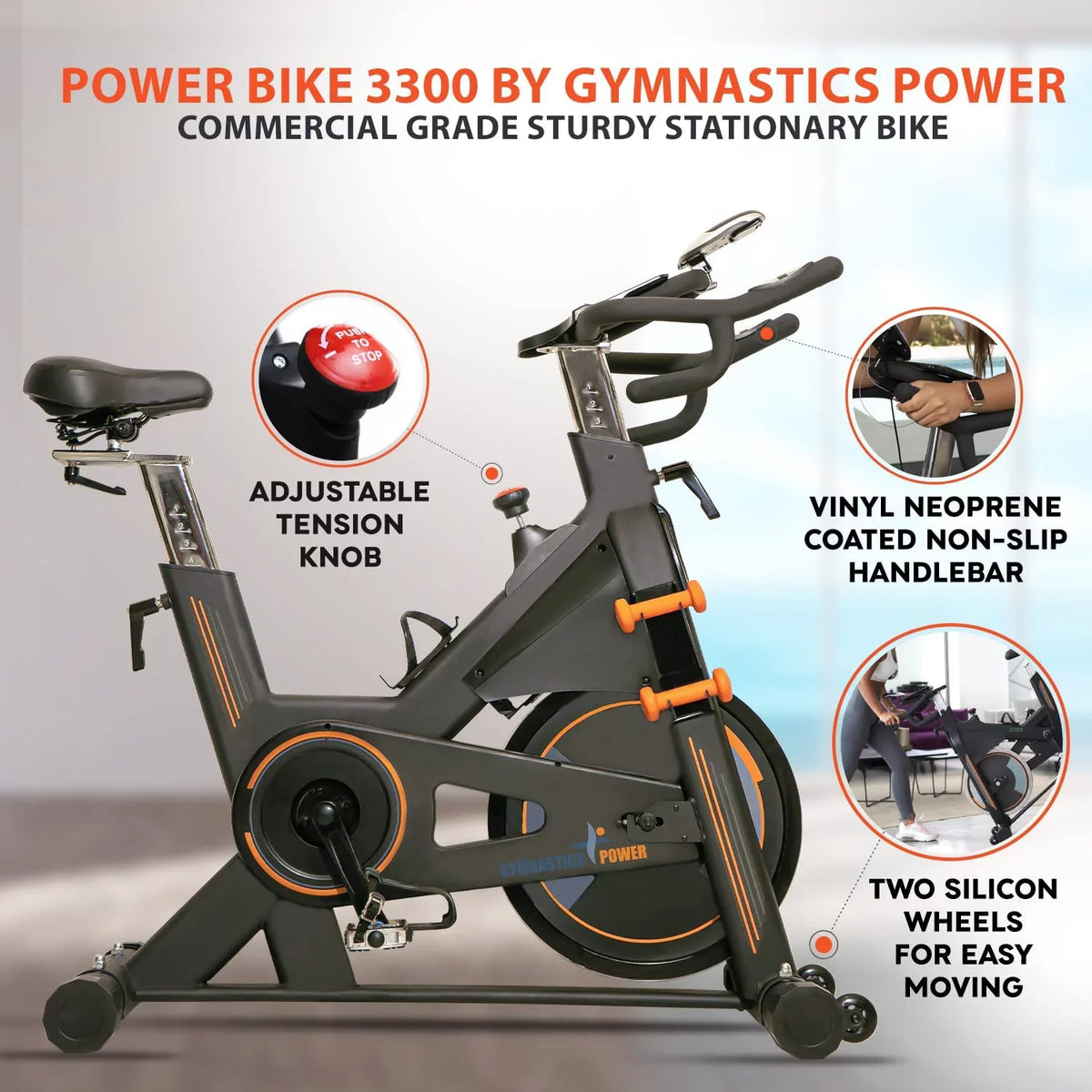 Gymnastics Power indoor exercise bike, commercial Build with magnetic resistance and dumbbells, stationary bike 350 lbs capacity