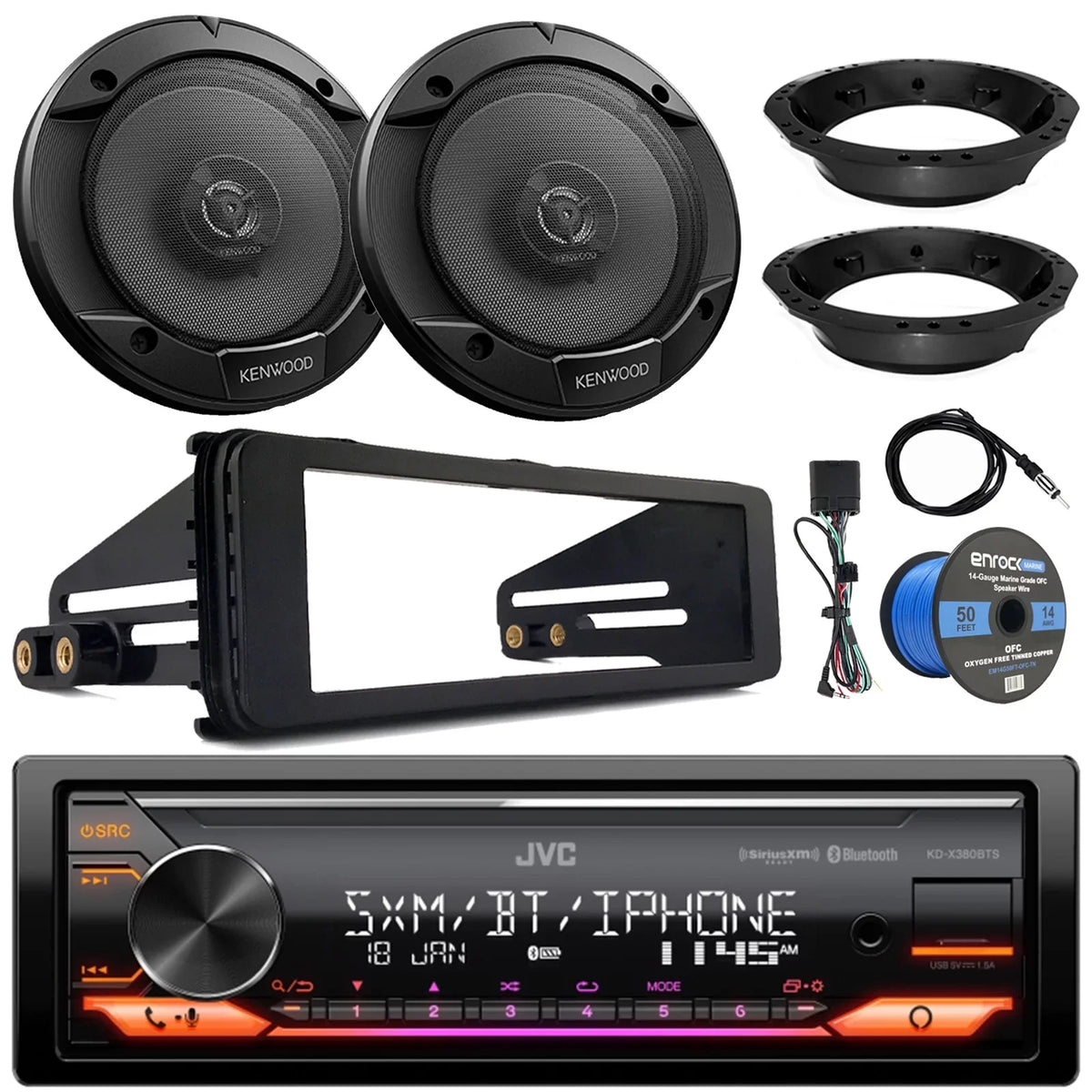 JVC KD-X380BTS Single DIN Bluetooth USB AUX Stereo LED SiriusXM Ready Amazon Alexa Car Audio Receiver, 2x 6.5" Sport Series Speakers, Dash Radio Install Kit, Speaker Adapters, Speaker Wire, Antenna
