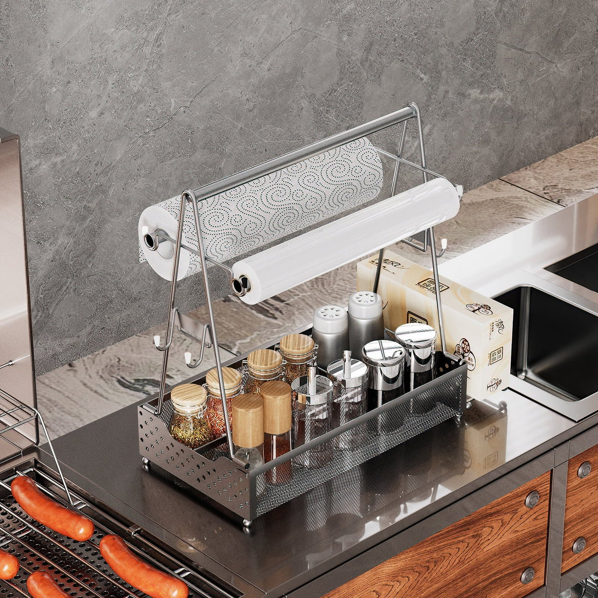 Hvacstar Grill Utensil Caddy - Organize BBQ Tools, Condiments, Paper Towels, and Cleaning Supplies - Caddy for Outdoor Picnics, Backyard BBQs, Kitchens, Garages