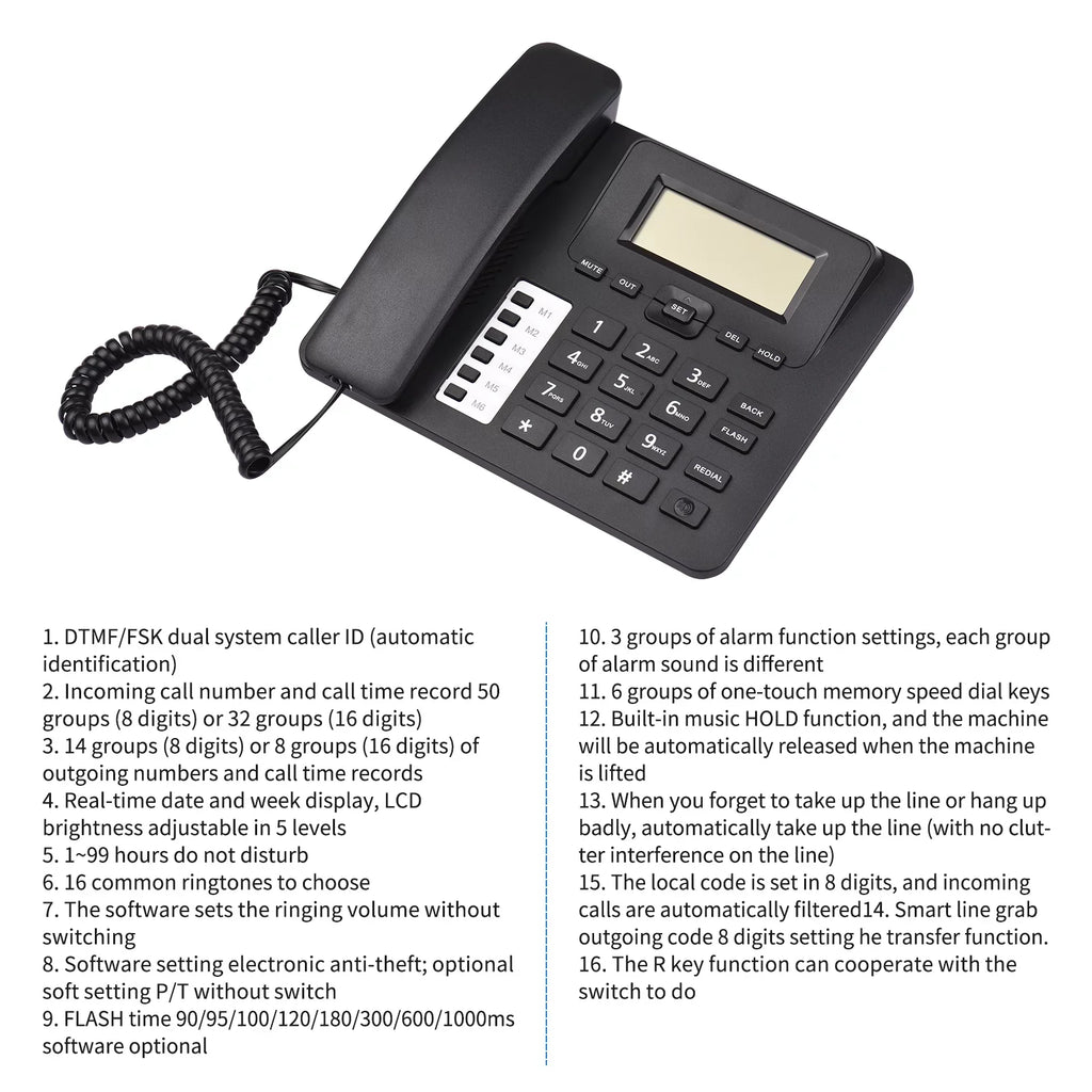 Black Corded Phone Desk Landline Phone Telephone DTMF/FSK Dual System Support Hands-Free/Redial/Flash/Speed Dial/Ring Control Built-in IC Chip Sound Real-time Date for Elderly Seniors Home