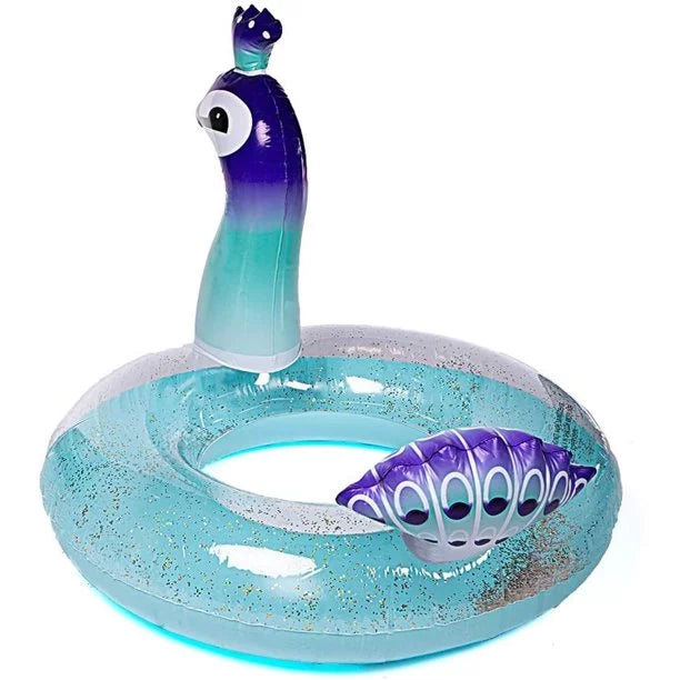Melia Swim Party Toys Inflated Glitter Pool Float Peacock Designed with Fast Valves Lounge Raft Decorative Water Game Summer Beach Party for Kids | 48 Inch