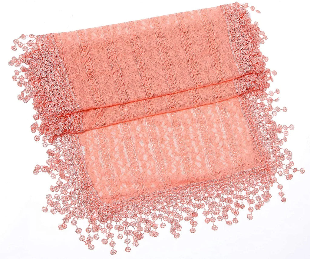 Cindy and Wendy Lightweight Soft Leaf Lace Fringes Scarf shawl for Women Peach Pink