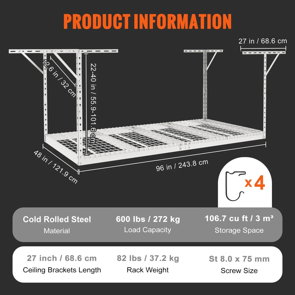 BENTISM Overhead Adjustable Garage Storage Rack 48x96in Ceiling Rack 600lbs White