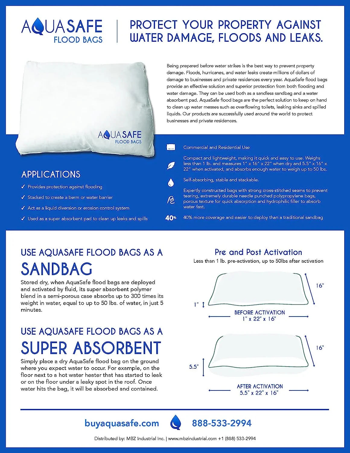 Aquasafe Sandless Sandbag,22 in L,16 in W,PK20 AS20-FB