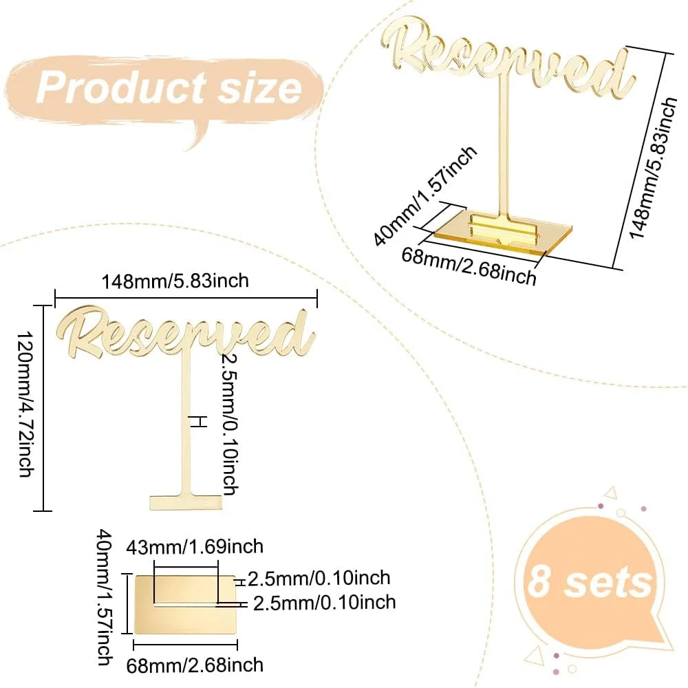 8 Packs Acrylic Reserved Table Sign Golden Wedding Reserved Seating Signs Mirrored Wedding Reception Sign Guest Reservation Standing Table Signs for Restaurant Wedding Party Events Decor