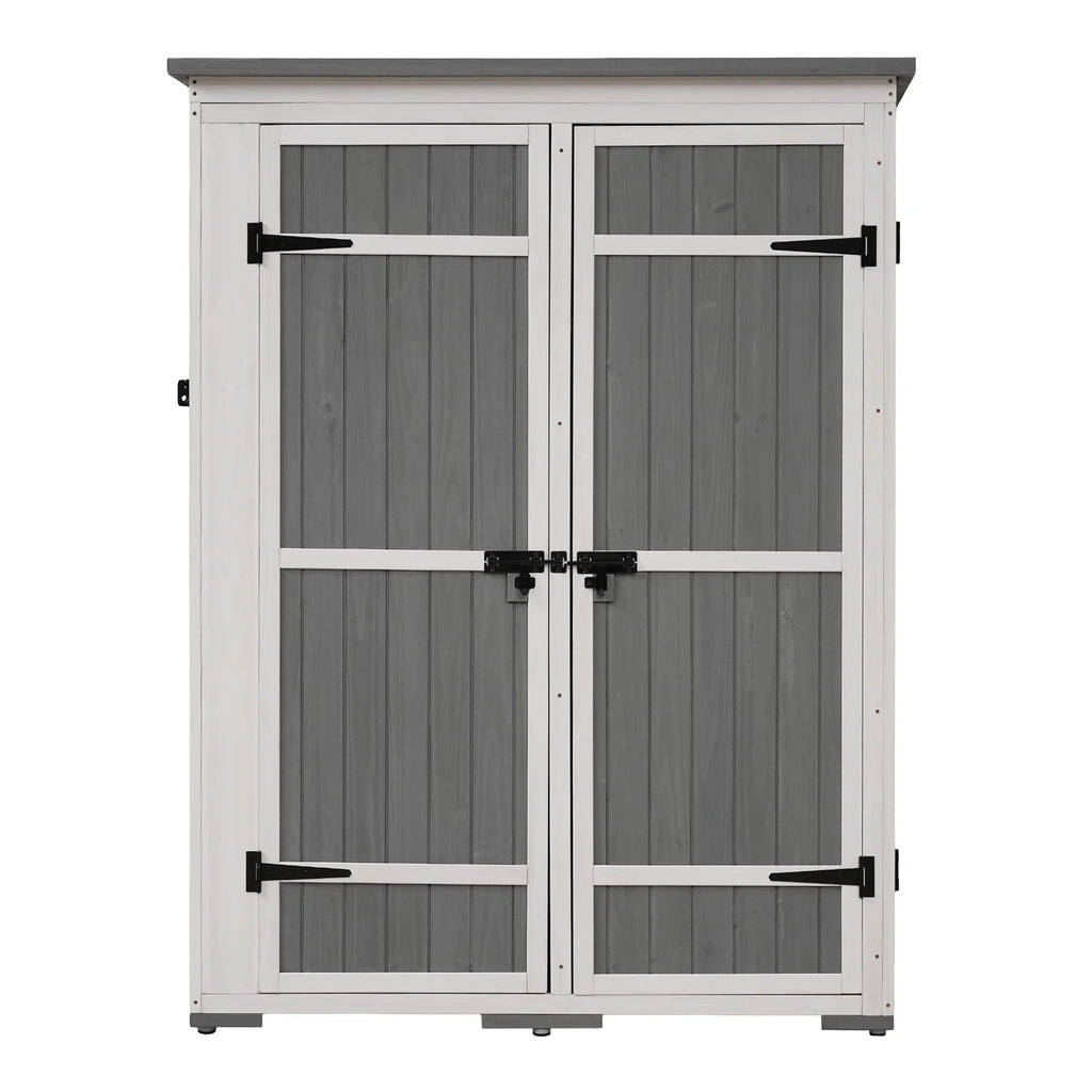 Homiyad Outdoor 5.5ft Hx4.1ft L Wood Storage Shed, Garden Tool Cabinet with Waterproof Asphalt Roof, Four Lockable Doors, Multiple-Tier Shelves, White and Gray