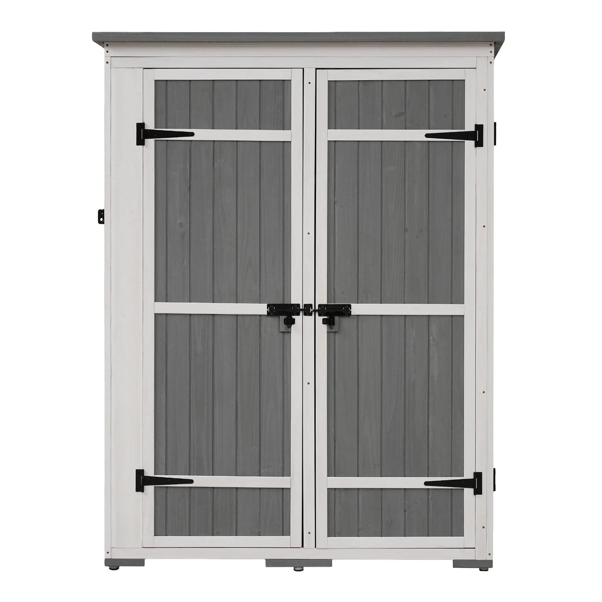 Homiyad Outdoor 5.5ft Hx4.1ft L Wood Storage Shed, Garden Tool Cabinet with Waterproof Asphalt Roof, Four Lockable Doors, Multiple-Tier Shelves, White and Gray