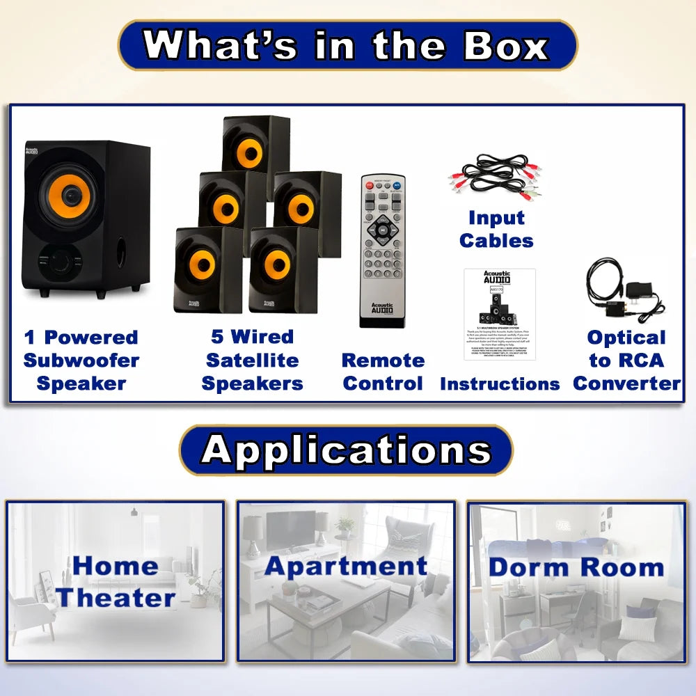Acoustic Audio AA5170 Home Theater 5.1 Bluetooth Speaker System with FM and Optical Input