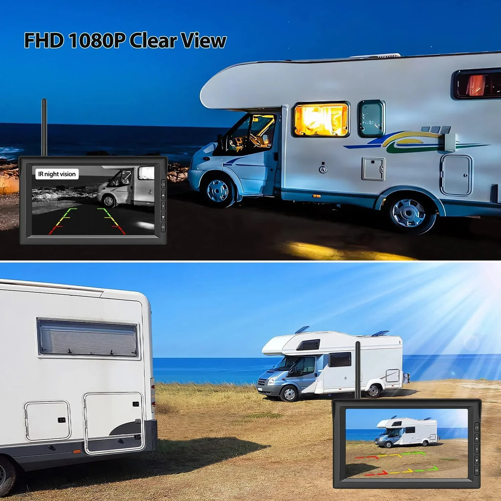 Auto-Vox Solar Wireless RV Backup Camera, 7'' Split-Screen Monitor with Dual Battery-Powered 2 PCS Trailer Rear View Camera and 2 Solar Panel, Campervans Wireless Reverse Cameras Systems