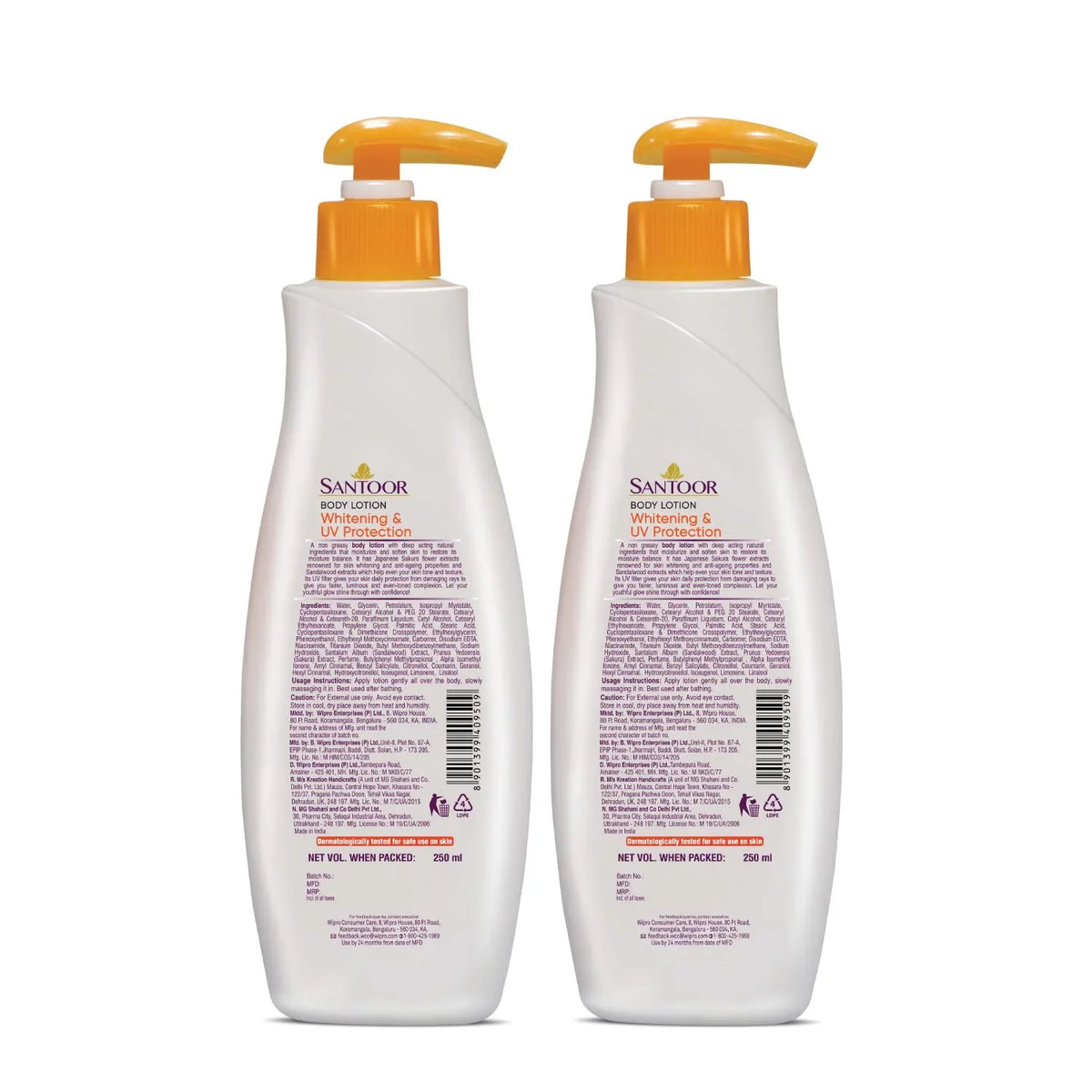 Santoor Perfumed Body Lotion for Whitening & UV Protection with Sandalwood & Sakura Extracts, 250ml (Pack of 2)