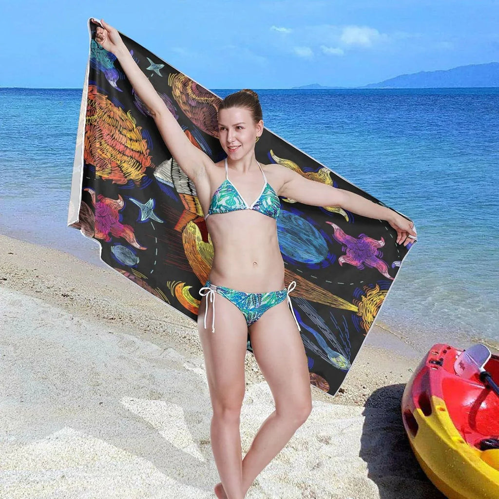 Bestwell Embroidered Universe Pattern Beach Towel - Lightweight Compact Oversized Travel Towels - Super Absorbent Quick Dry Towel for Swimming Camping Holiday（366）