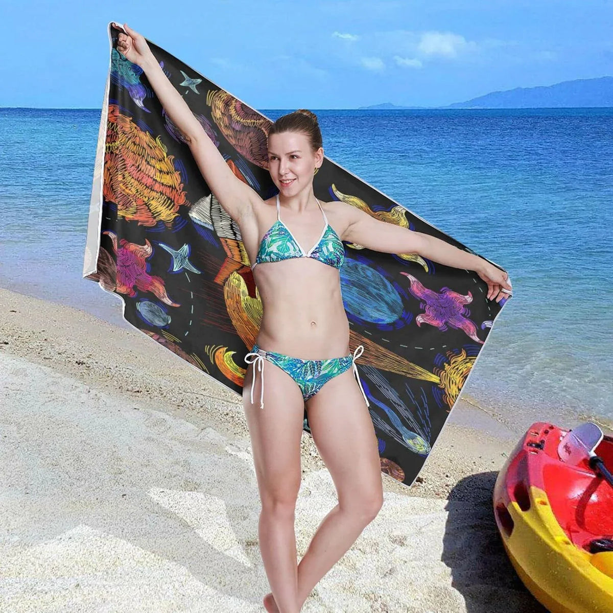 Bestwell Embroidered Universe Pattern Beach Towel - Lightweight Compact Oversized Travel Towels - Super Absorbent Quick Dry Towel for Swimming Camping Holiday（366）