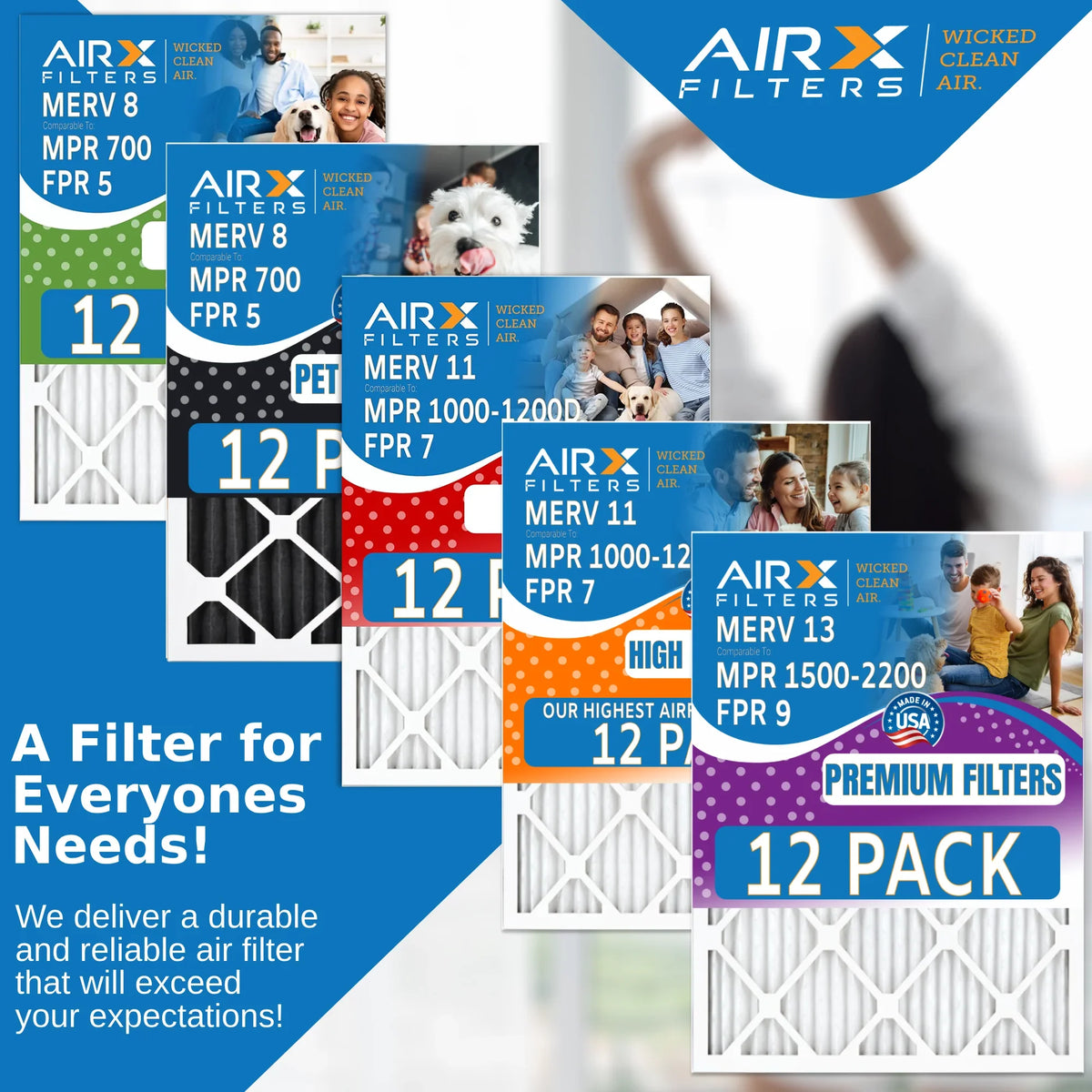 12x12x1 Air Filter MERV 8 Rating, 12 Pack of Furnace Filters Comparable to MPR 700, FPR 5, Pet Odor Retention Filters - Made in USA by AIRX FILTERS WICKED CLEAN AIR.