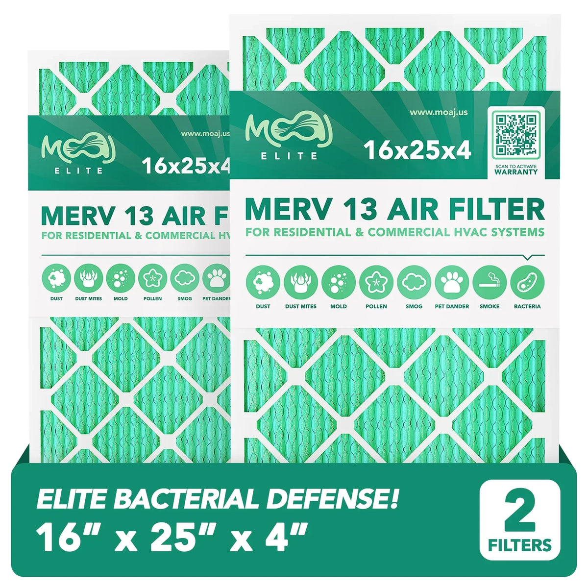 16x25x4 Air Filter (2-PACK) | MERV 13 | MOAJ Elite Bacterial & Viral Defense | BASED IN USA | Pleated Replacement Air Filters for AC & Furnace Applications | Actual Dimensions: 15.88" x 24.88" x 4.31"