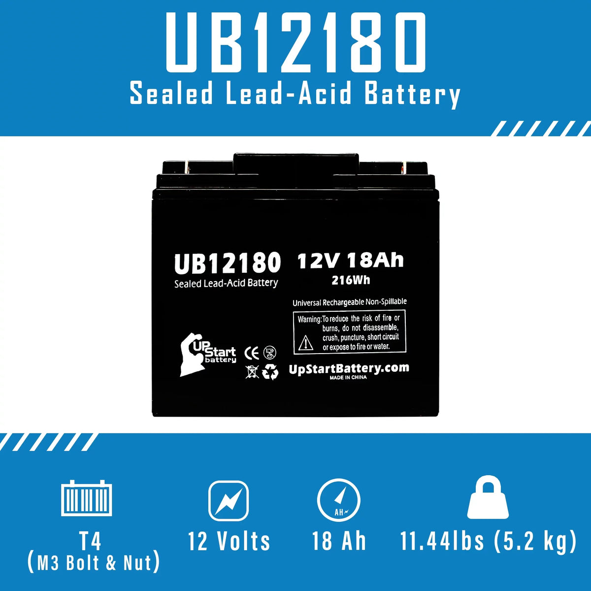2x Pack - Compatible EAGLE PICHER BATTERIES CFM12V18 Battery - Replacement UB12180 Universal Sealed Lead Acid Battery (12V, 18Ah, 18000mAh, T4 Terminal, AGM, SLA)