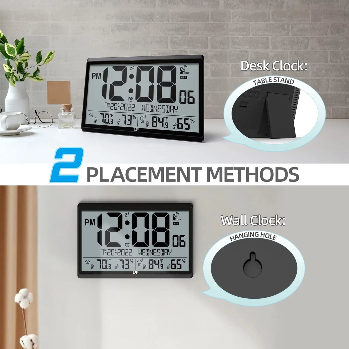 LFF Atomic Clock - Never Needs Setting, Battery Operated, 15" Atomic Wall Clock with Indoor Outdoor Temperature & Humidity, Digital Wall Clock with 4.5" Numbers Easy-to-Read, Black