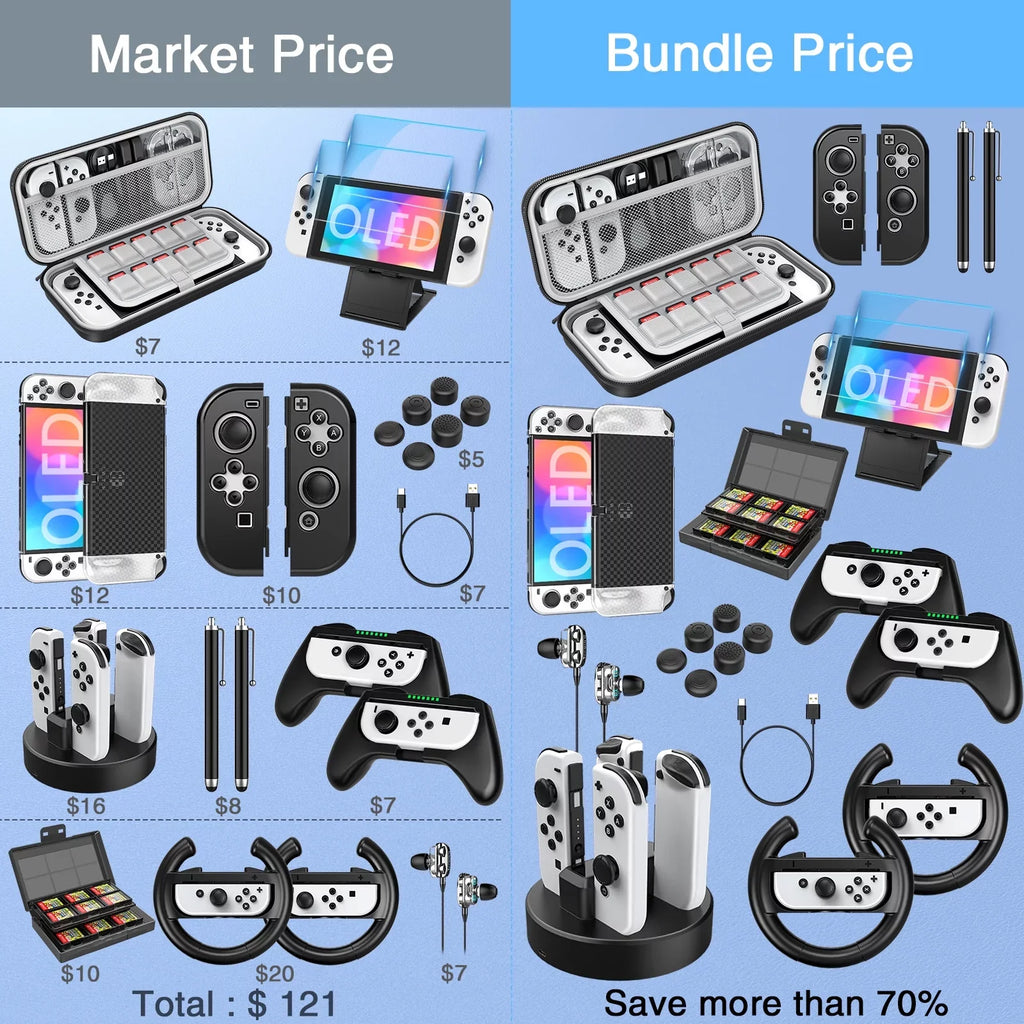 HEYSTOP Switch OLED Accessories for Nintendo Switch OLED Case Bundle,27 in 1 Carry Case for Switch OLED with Protective Cover,Grip Cover,Screen Protector,Game Cards Case,Grip Charge Dock, Black