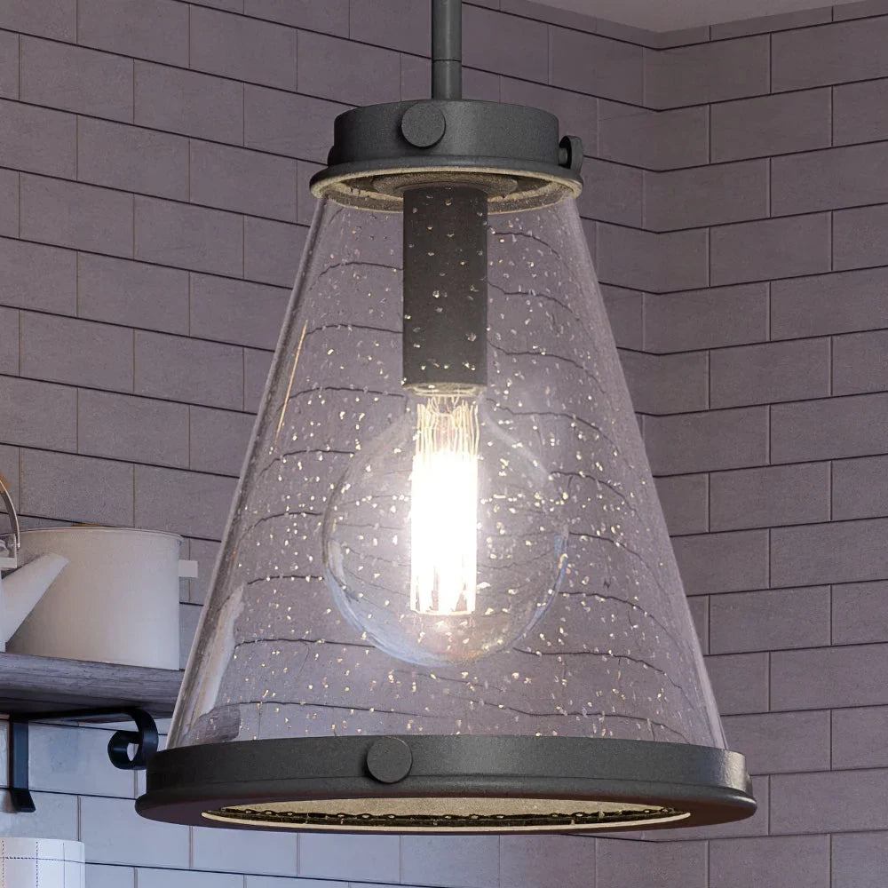 Luxury Modern Farmhouse Indoor Pendant, 14.75''H x 13.00''W, with Casual Style Elements, Transitional Design, Black Sand Finish and Clear Seeded Glass, UQL4290