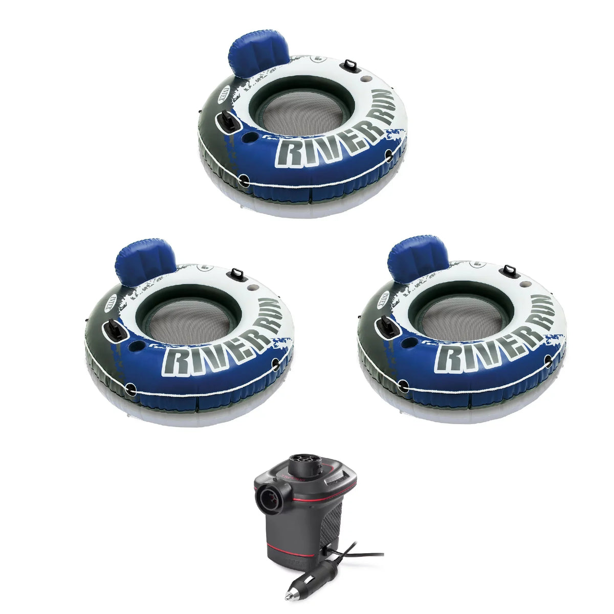 Intex River Run 1 Person Floating Tube (3 Pack) and 12 Volt Electric Air Pump