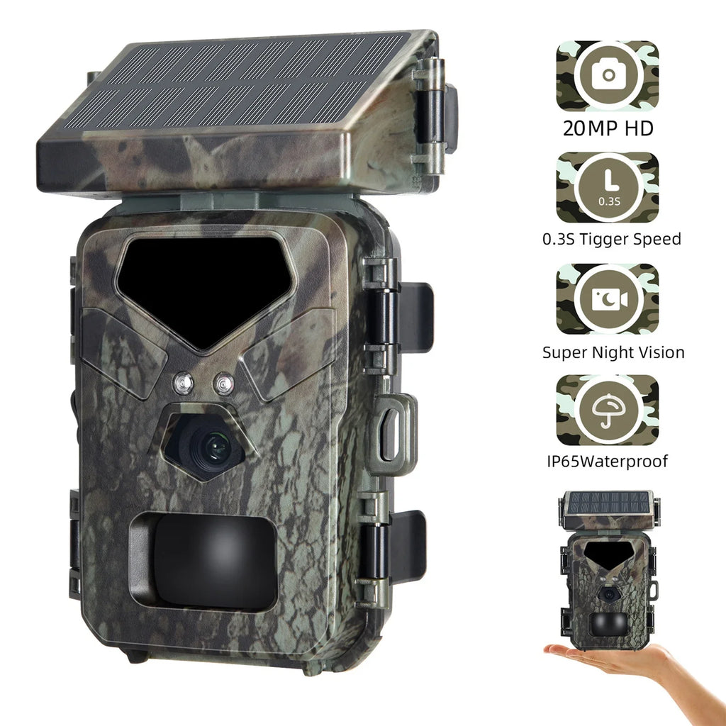 TOMSHOO Trail Camera Solar Powered 20MP 1080P Game Camera 0.3s Trigger Time Hunting Cam with Night Vision Motion Activated IP65 Waterproof Loop Recording for Wildlife