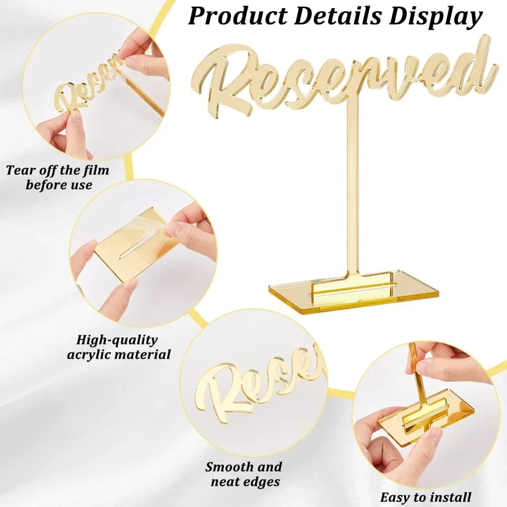 8 Packs Acrylic Reserved Table Sign Golden Wedding Reserved Seating Signs Mirrored Wedding Reception Sign Guest Reservation Standing Table Signs for Restaurant Wedding Party Events Decor