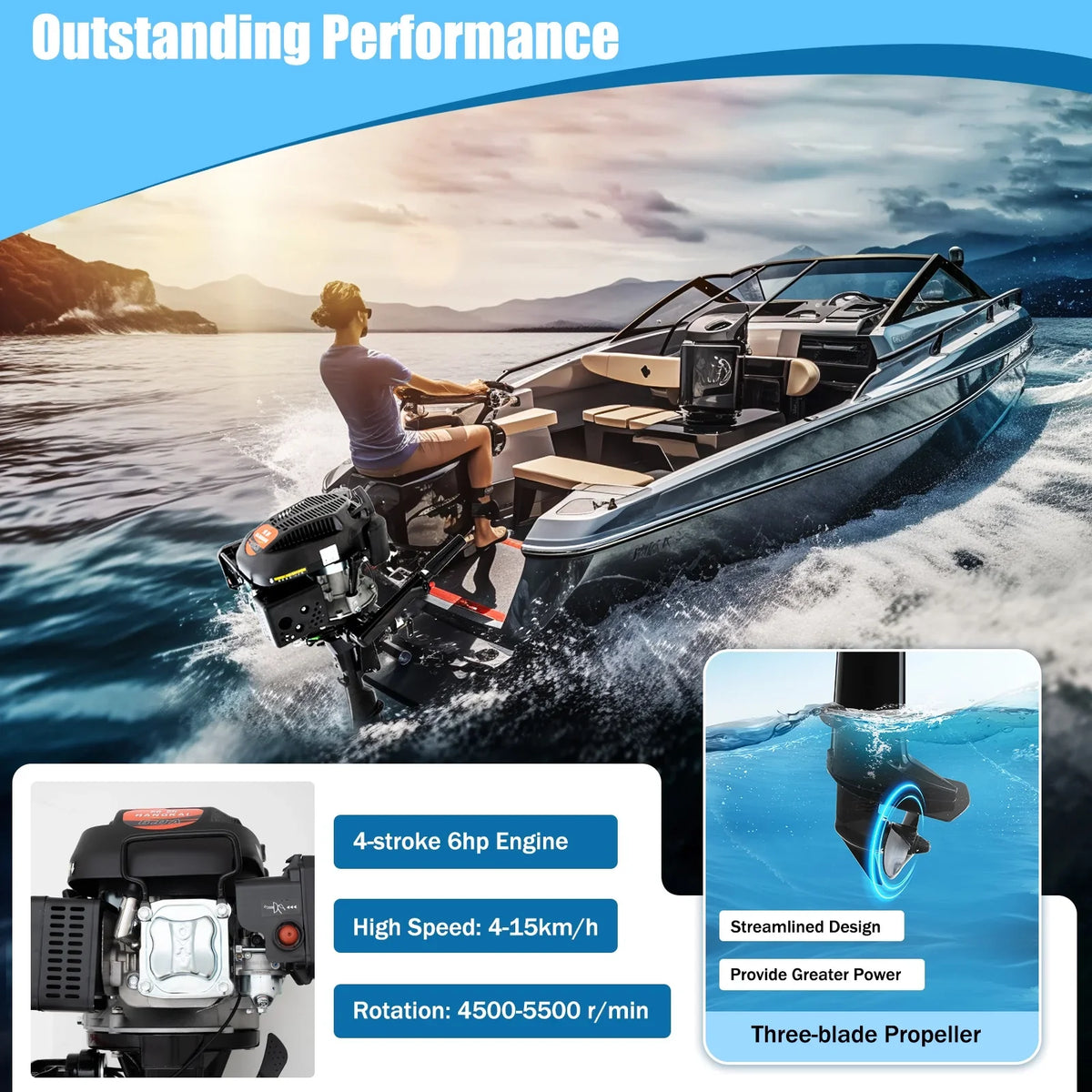 Fichiouy 6 HP 4 Stroke Outboard Motor Engine Tiller Shaft Boat Engine Air Cooling 2500rpm with CDI Water Air Cooling System 1:1.5
