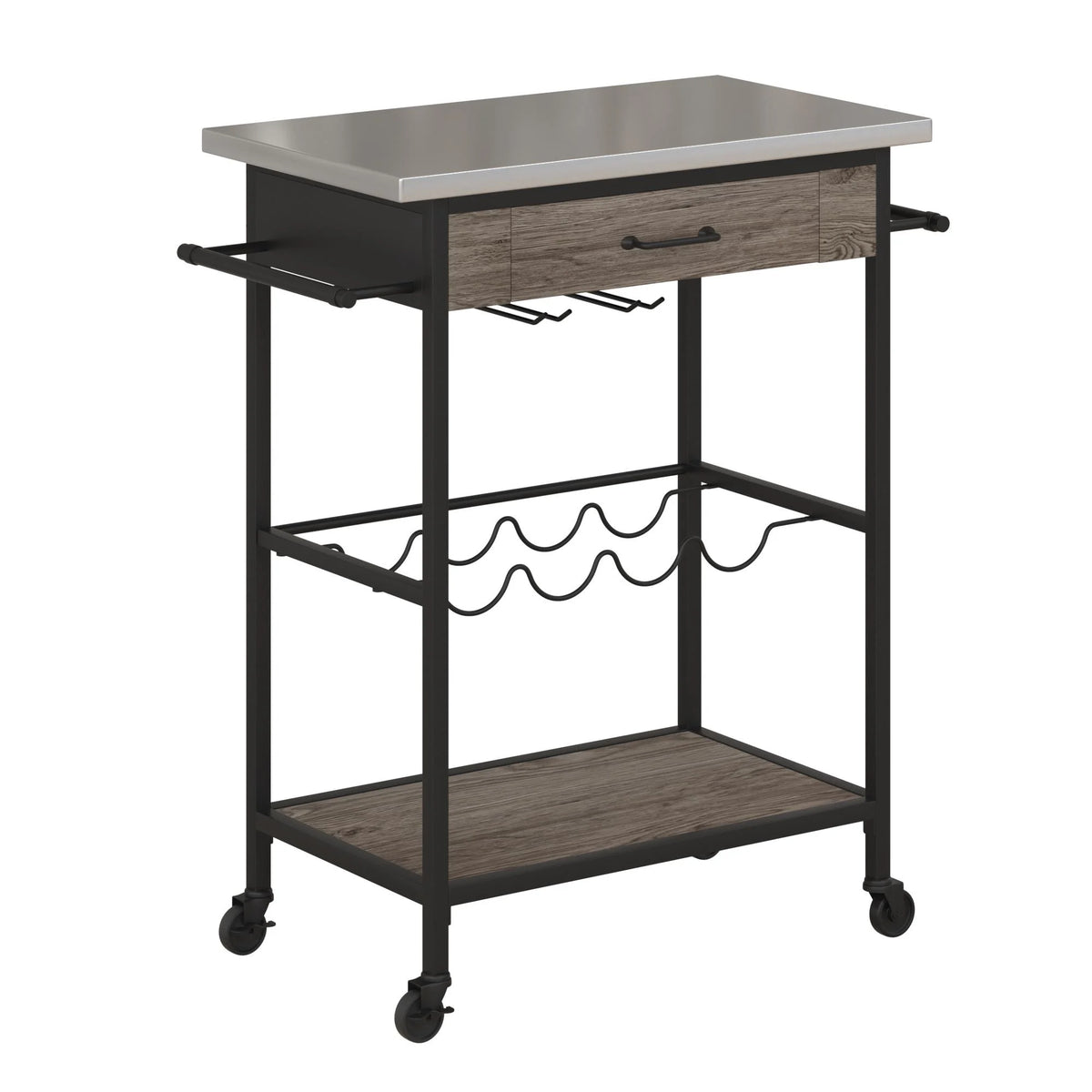 Novogratz Nora Multifunctional Kitchen Cart, Wine Rack and Pantry Storage, Stainless Steel and Black Metal, Brown