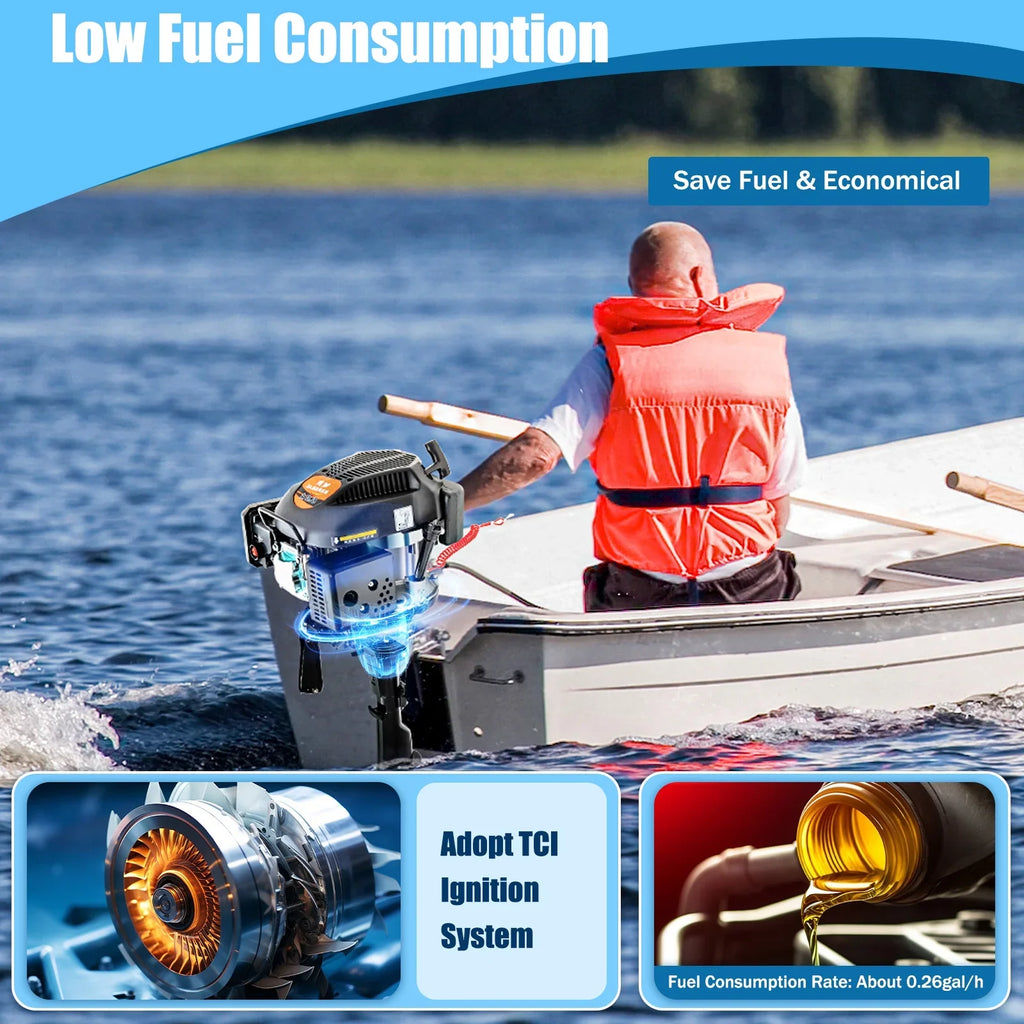 Fichiouy 6 HP 4 Stroke Outboard Motor Engine Tiller Shaft Boat Engine Air Cooling 2500rpm with CDI Water Air Cooling System 1:1.5