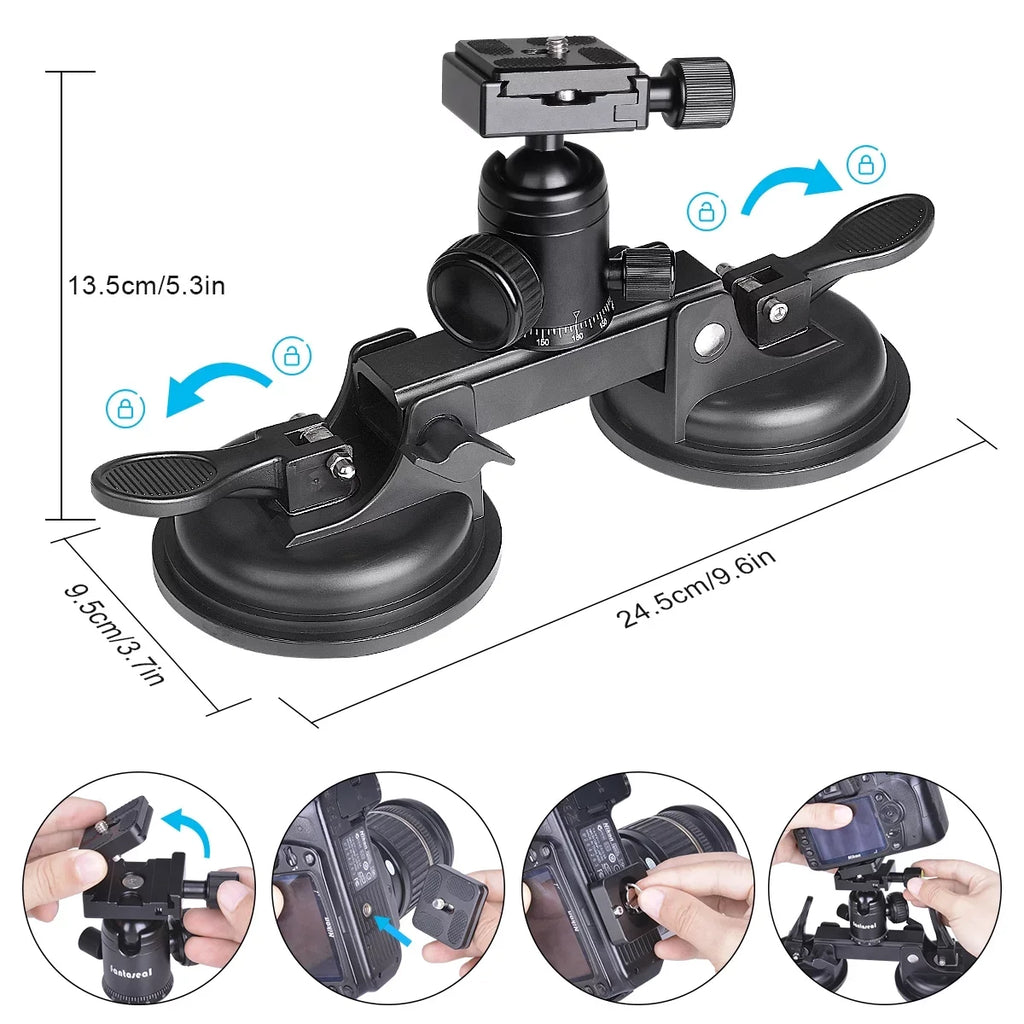 Heavy Duty (20 lbs Load) DSLR Mirorrless Camera Suction Cup Car Mount Camcorder Vehicle Holder 360° Ball Head Compatible with Nikon Canon Sony RED BM