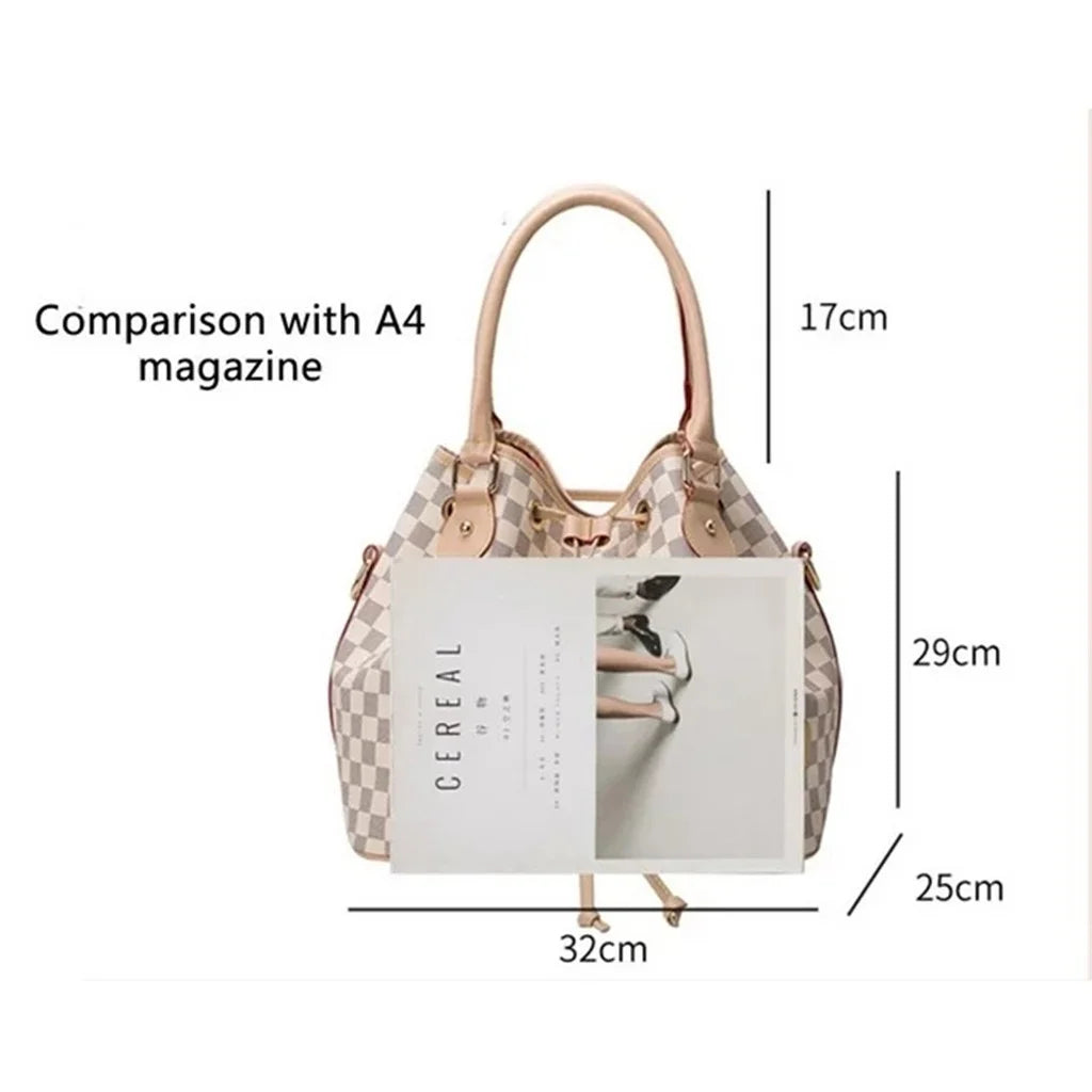 Checkered Tote Shoulder Bag Large Handbags for Women - PU Vegan Leather