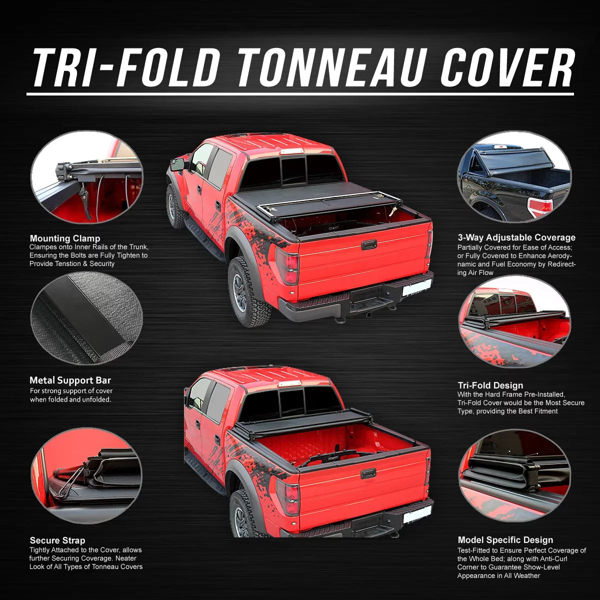 DNA Motoring TTC-TRISOFT-056 For 2007 to 2021 toyota Tundra 5.5' Bed Fleetside Adjustable Tri -Fold Soft Top Trunk Tonneau Cover 20 19 18 17 16 15 14 13 12 11 10 09 08