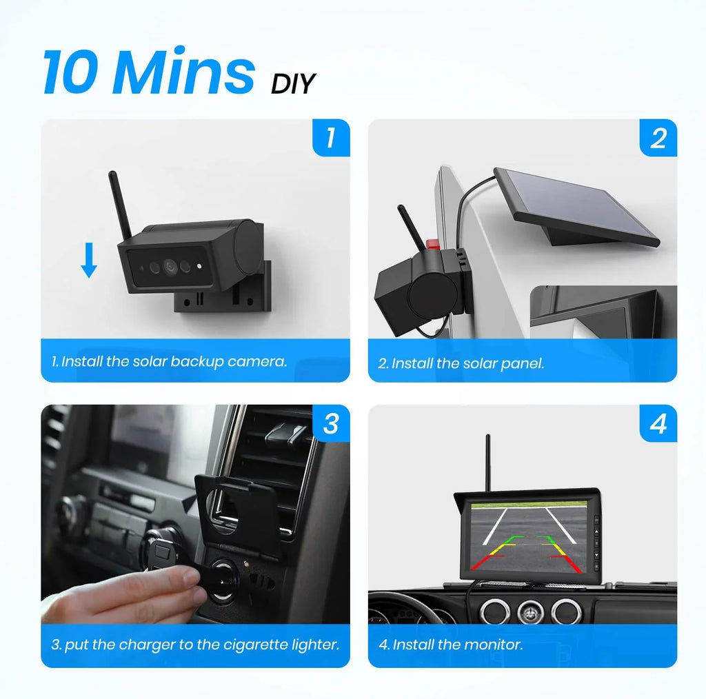 Auto-Vox Solar Wireless RV Backup Camera, 7'' Split-Screen Monitor with Dual Battery-Powered 2 PCS Trailer Rear View Camera and 2 Solar Panel, Campervans Wireless Reverse Cameras Systems