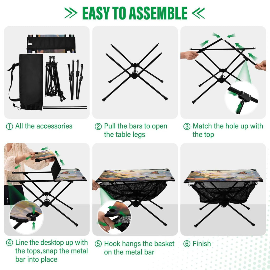 Funny Turtle and Butterfly Camping Folding Table Portable Beach Table with Storage Bag Compact Picnic Table for Outdoor Travel Fishing BBQ