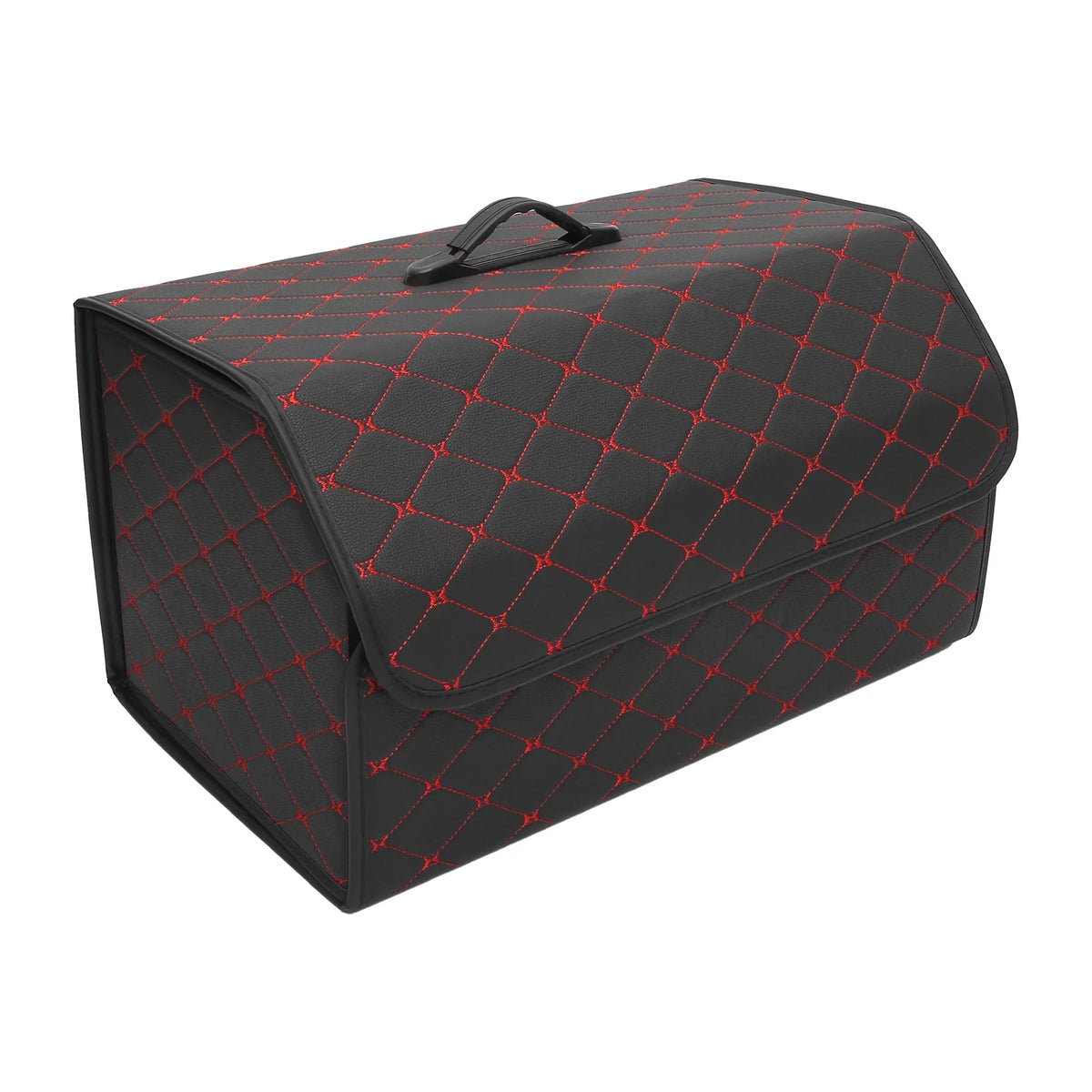54x31x29cm Black PU Leather Car Storage Bag Trunk Organiser Foldable Boot Bag with Handle for Truck SUV Red Stitches