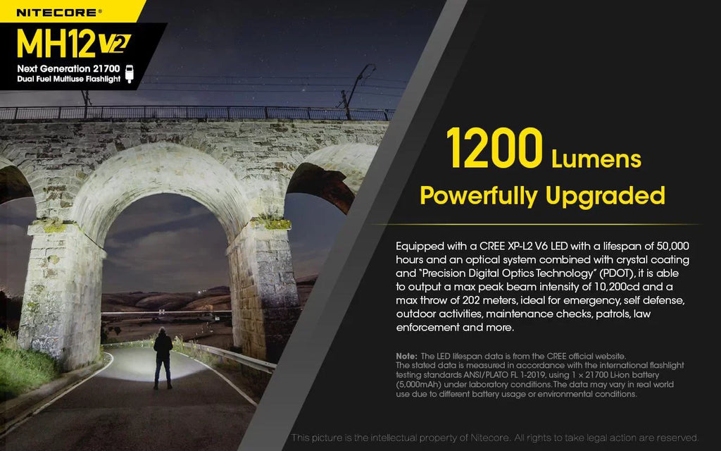 COMBO: Nitecore MH12 V2 CREE XP-L2 V6 LED Flashlight -1200 Lumens w/ 21700 Battery and Nitecore NB10000 10,000mAh Power Bank