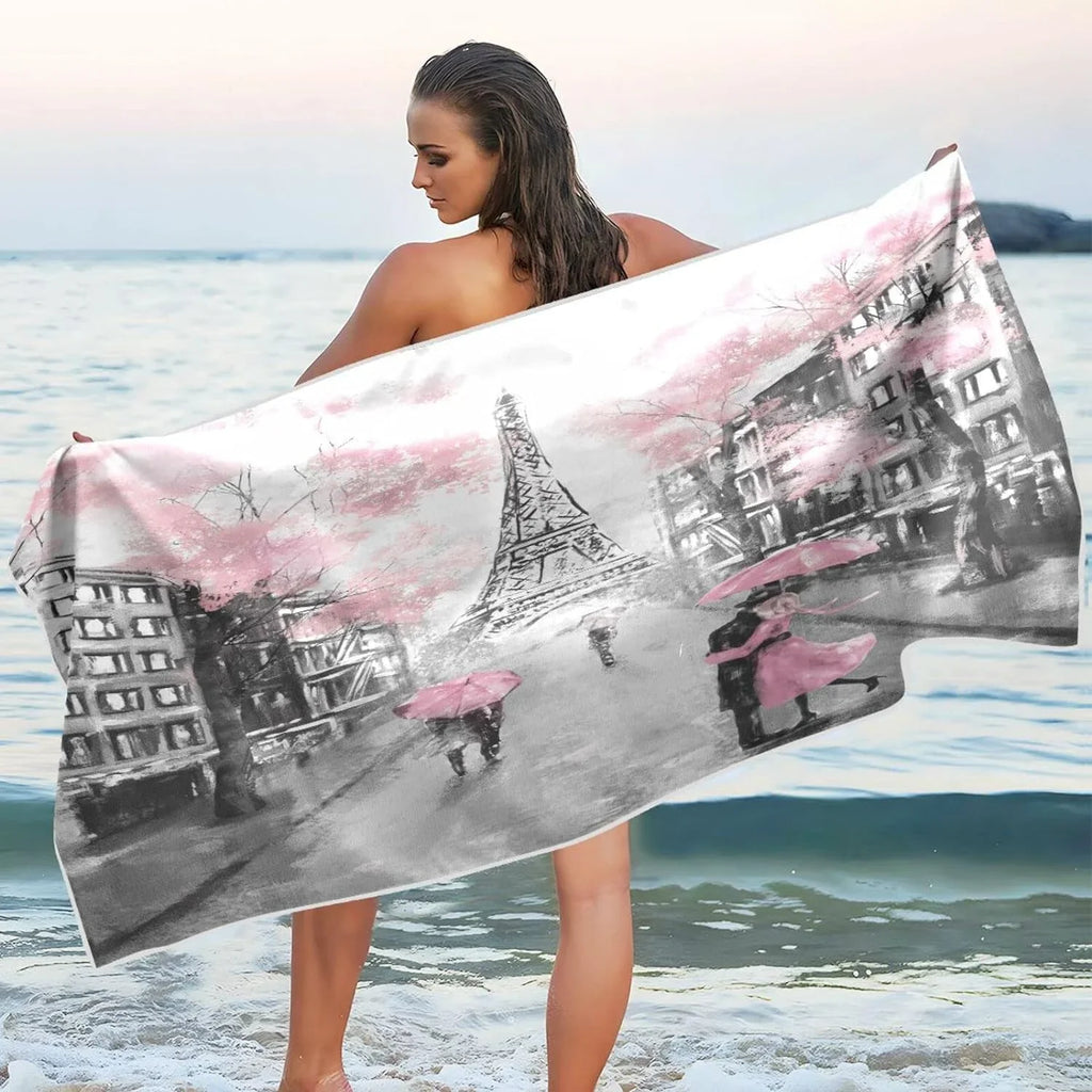 Bestwell Romantic Paris Eiffel Tower Beach Towel Oversized Towel Blanket, Thin Lightweight Microfiber Sand Free Quick Dry Towel, 30”X60” Multipurpose Pool Bath Yoga Swim Shower Towel