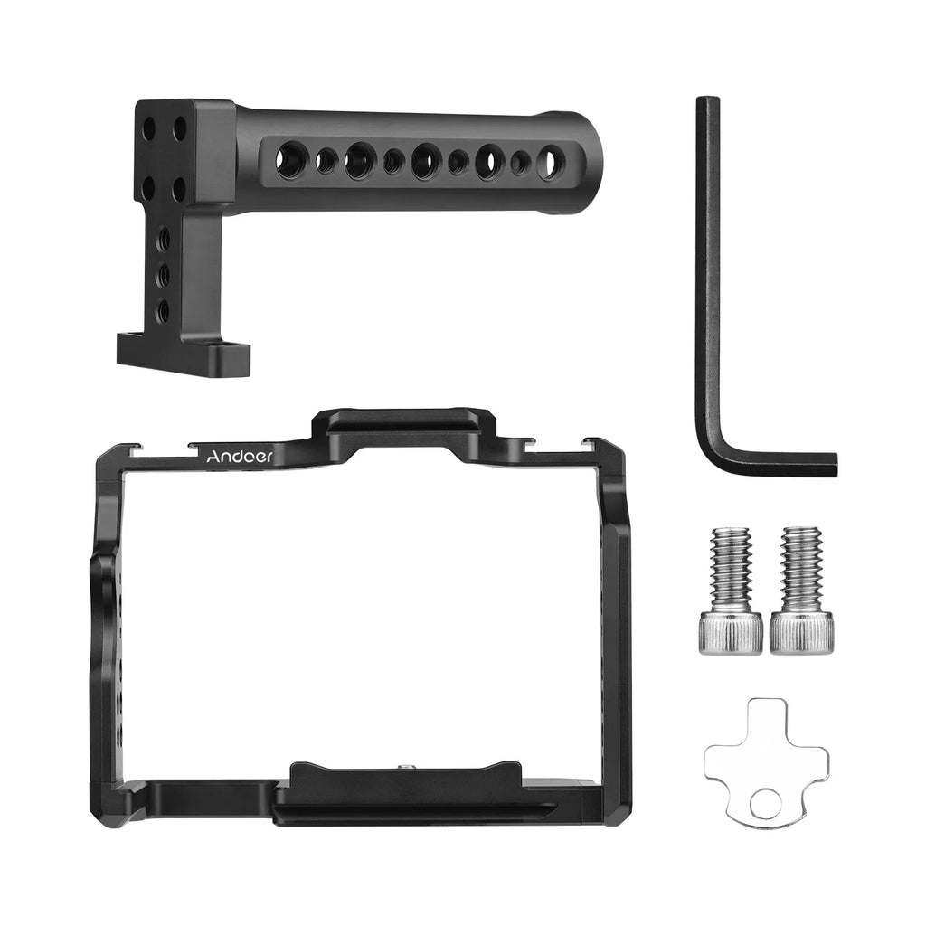 Walmeck Andoer Video Cage + Handle Kit Aluminum Alloy with Dual Cold Shoe Mounts Numerous 14 Inch Threads Replacement for Sony A7IV/ A7III/ A7II/ A7R III/ A7R II/ A7S II