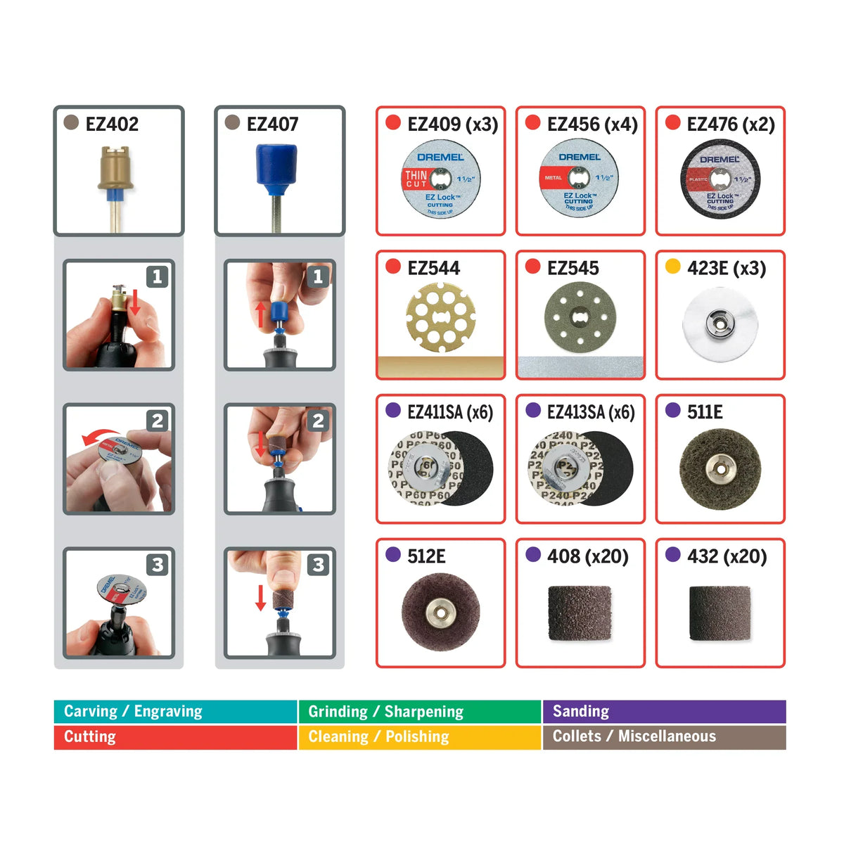 Dremel EZ725 70-Piece EZ All-Purpose Accessory Rotary Tool Mandrels Storage Kit, EZ-Lock and EZ Drum for Faster Accessory Changes, Accessories to Cut, Polish, Clean, and Sand