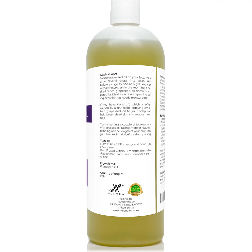 Velona Grapeseed Oil - 32 oz | 100% Pure and Natural Carrier Oil | Refined, Cold pressed | Cooking, Skin, Face, Body, Hair Care