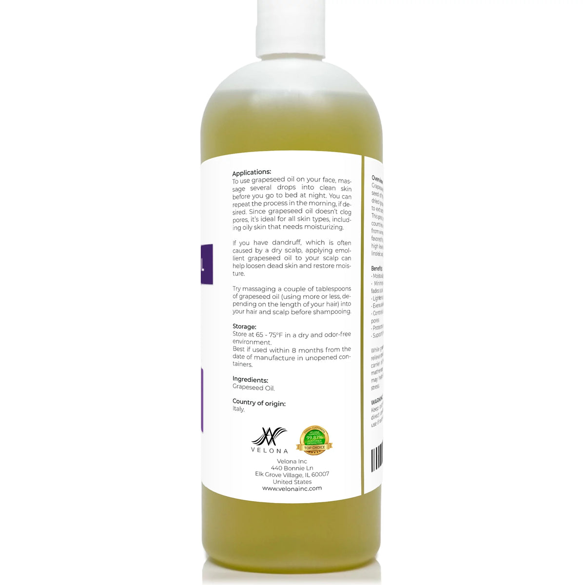 Velona Grapeseed Oil - 32 oz | 100% Pure and Natural Carrier Oil | Refined, Cold pressed | Cooking, Skin, Face, Body, Hair Care