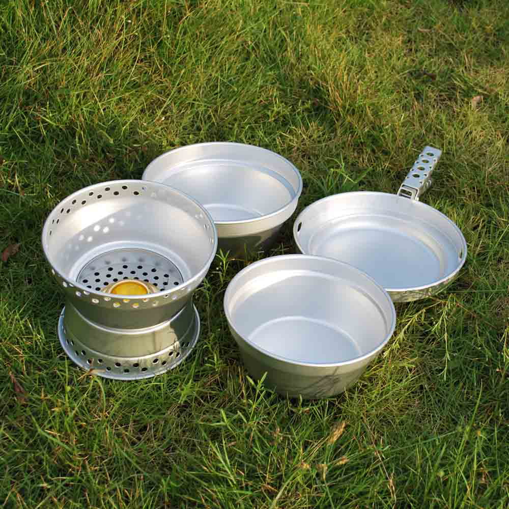 Htovila Portable Camping Cookware Mess Kit Stove Spirit with Stand Pot Pan with Gripper Cooking Set for Backpacking Hiking Picnic BBQ