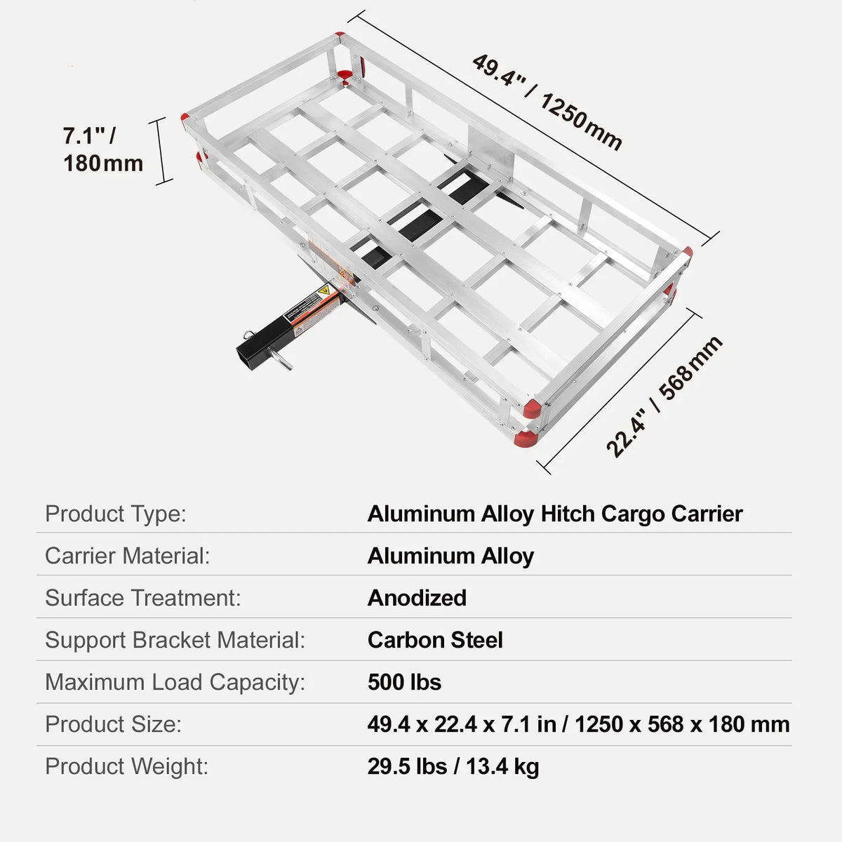BENTISM Hitch Mount Cargo Carrier 47 x 20 x 6 in 500lb Aluminum Corrosion-Resistant Fits 2" Receiver Cargo Basket for SUVs Sedans Vehicles