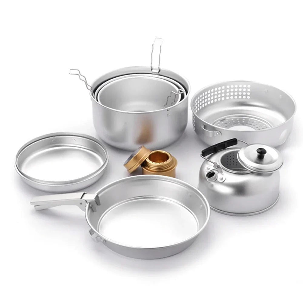 Htovila Camping Stove Kit, 10pcs Camping Pot Pan Stove Set for Cooking Backpacking, Portable Kitchenware for Adventures