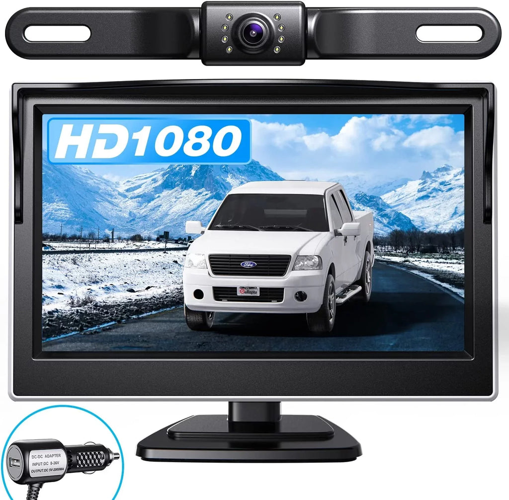 eRapta Backup Camera Monitor 5'' License Plate Car Rear View Reverse Backup Camera for Car Truck Trailer Minivan with IP69 Waterproof Night Vision A5i