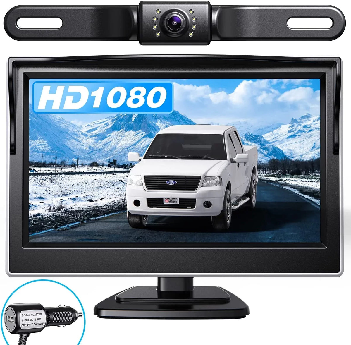 eRapta Backup Camera Monitor 5'' License Plate Car Rear View Reverse Backup Camera for Car Truck Trailer Minivan with IP69 Waterproof Night Vision A5i
