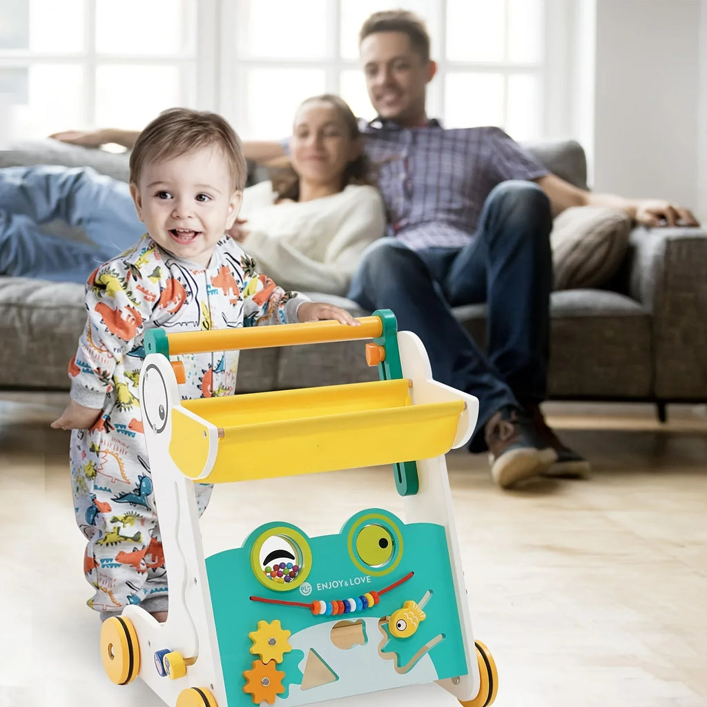 Wooden Baby Walker Sit-to-Stand Learning Baby Push Walker Kids Activity Center Toddler Push Along Trolley with Fishing Toy Shape Sorter Xylophone Multiple Entertainment for Boys Girls Infants