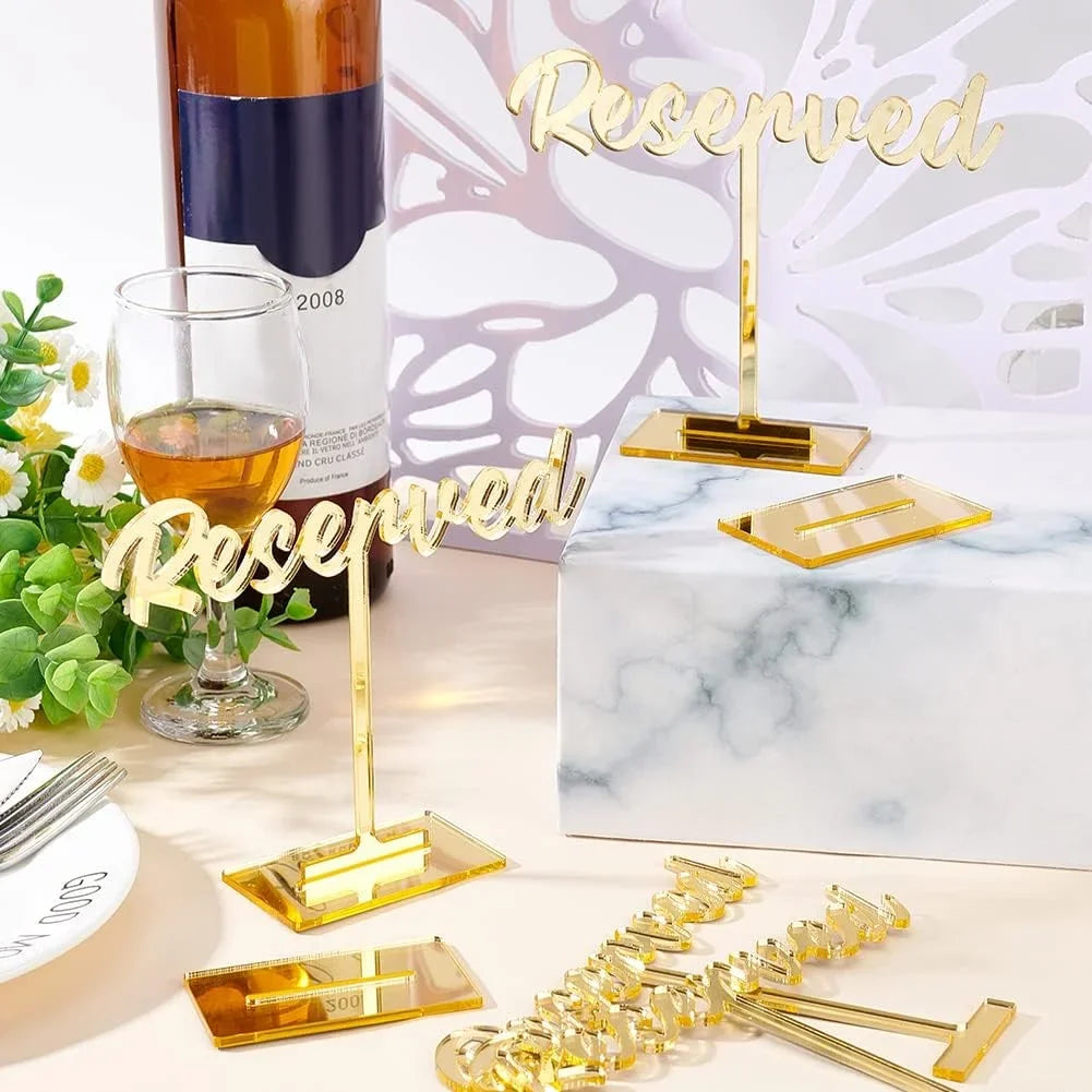 8 Packs Acrylic Reserved Table Sign Golden Wedding Reserved Seating Signs Mirrored Wedding Reception Sign Guest Reservation Standing Table Signs for Restaurant Wedding Party Events Decor