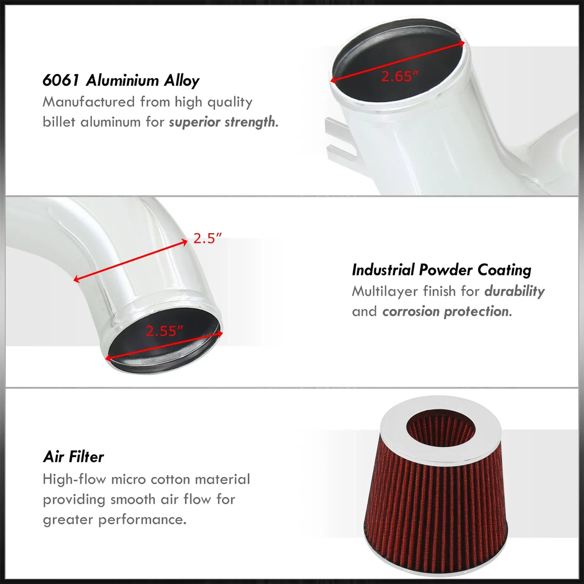 AJP Distributors Cold Air Intake CAI JDM Induction System Polish Aluminum Piping + Filter Compatible/Replacement For Mitsubishi Lancer ES LS OZ 2.0L l4 Manual Trans M/T 2002 2003 2004 2005 02 03 04 05