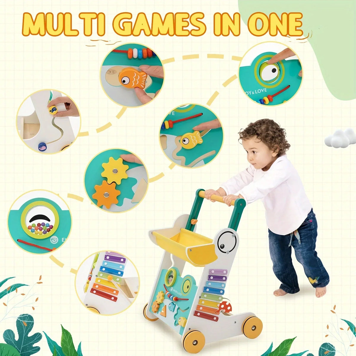 Wooden Baby Walker Sit-to-Stand Learning Baby Push Walker Kids Activity Center Toddler Push Along Trolley with Fishing Toy Shape Sorter Xylophone Multiple Entertainment for Boys Girls Infants