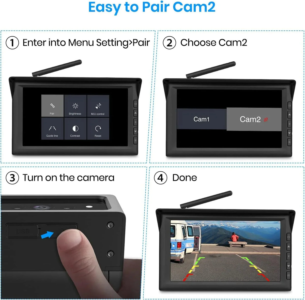 Auto-Vox Solar Wireless RV Backup Camera, 7'' Split-Screen Monitor with Dual Battery-Powered 2 PCS Trailer Rear View Camera and 2 Solar Panel, Campervans Wireless Reverse Cameras Systems